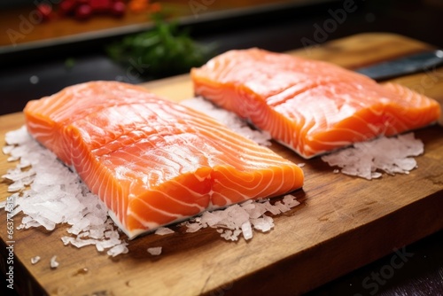 close-up of raw salmon fillets on a chopping board