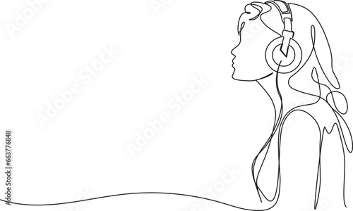 continuous single line drawing of young woman wearing headphones listening to music, line art vector illustration