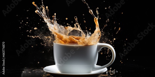 A cup of coffee with a little liquid poured into it splashes  black background
