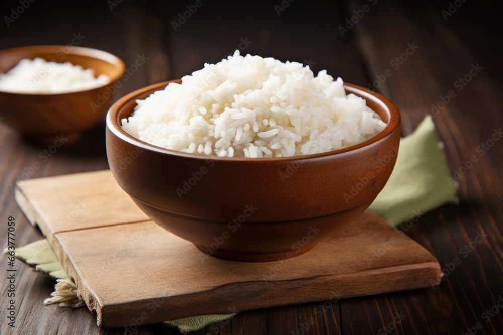 bowl of cooked rice on wooden table bowl of cooked rice on wooden table