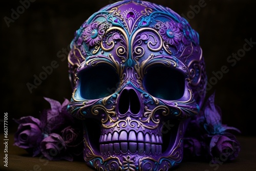 Purple skull adorned with floral ornament. Generative AI