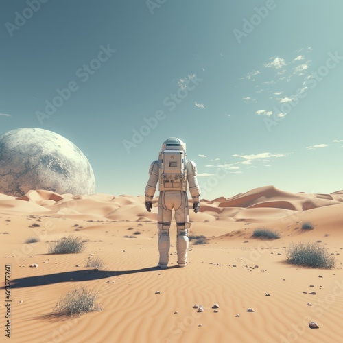 Astronaut, explorer of space walking on planet with moon, sand and blue sky. Concept of science, planets, outer space