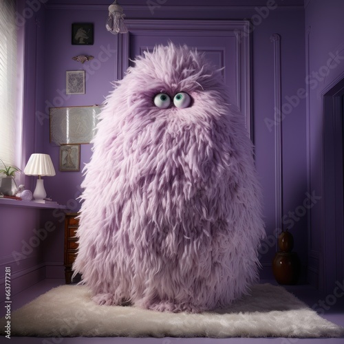 Cute furry monster standing in the room. Imagination and fantasies. Cartoons. Concept of surrealism, toys, childhood photo