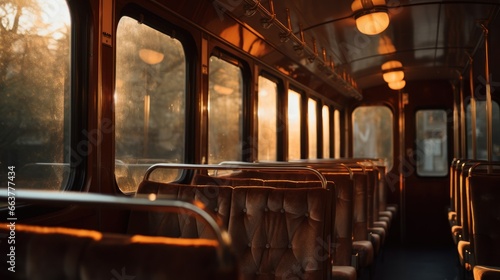 Inside of old-fashioned, retro train. Vintage salon with leather sits and wooden materials. Sunset drive © master1305