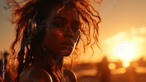 Beautiful woman in headphones standing over sunset background. Hot countries travel. Golden makeup