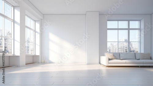 Empty modern room with white walls and big windows, minimalist interior design in luxury apartment © BOMB8
