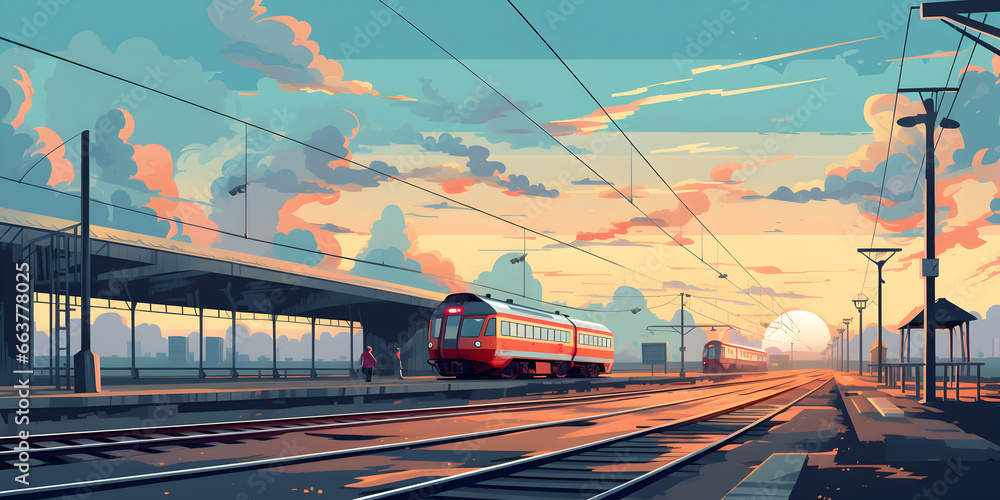 Illustration background of railway train station - obrazy, fototapety, plakaty 
