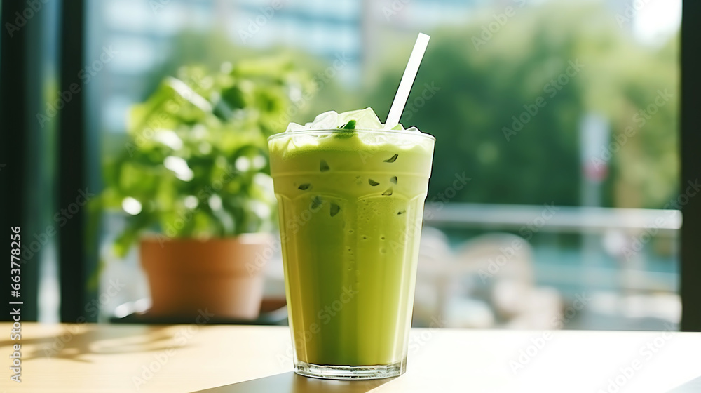 Closeup of iced matcha latte in a stylish glass on sunny background in front of the window in a cafe. Generative AI Closeup of iced matcha latte in a stylish glass on sunny background in front of the window in a cafe. Generative AI