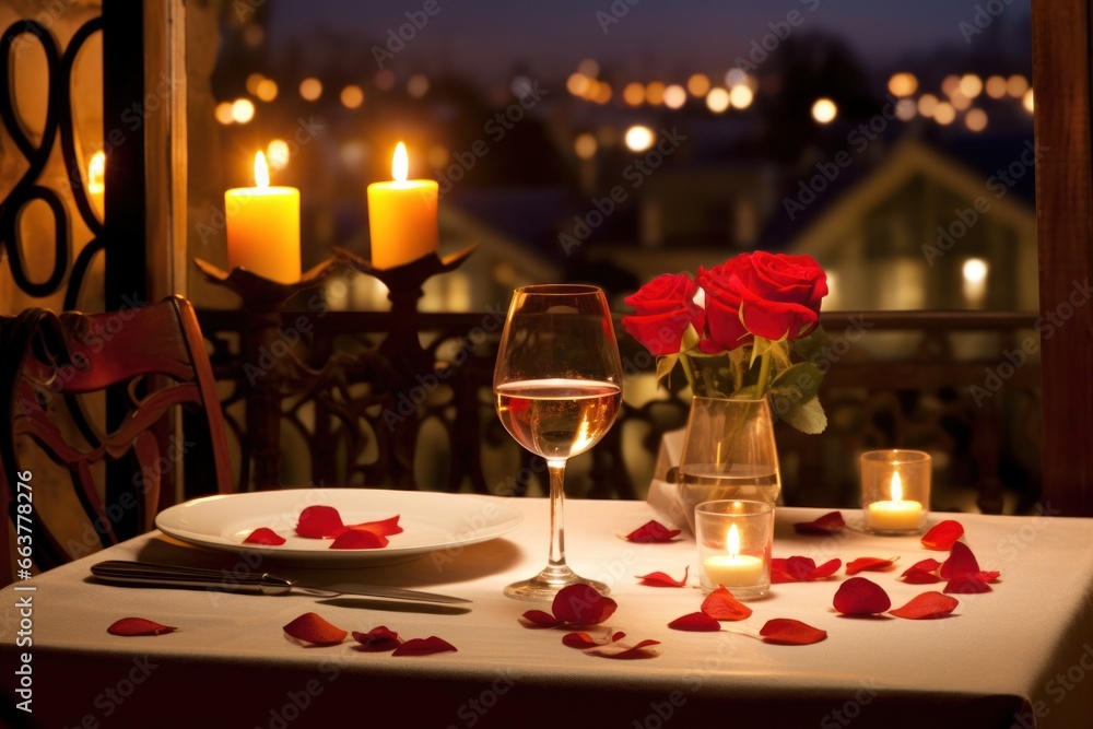 Valentines day table place setting with roses, candlelight in night city. Romantic dinner at cafe. Valentines day table place setting with roses, candlelight in night city. Romantic dinner at cafe.