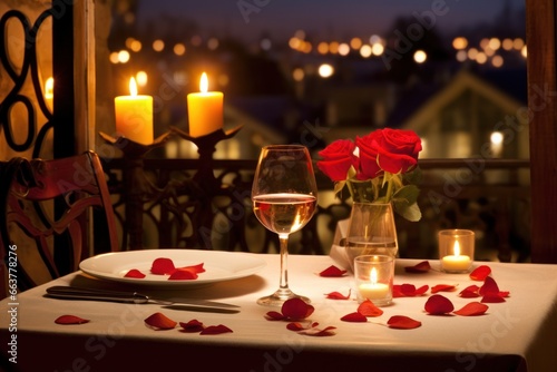 Valentines day table place setting with roses  candlelight in night city. Romantic dinner at cafe.