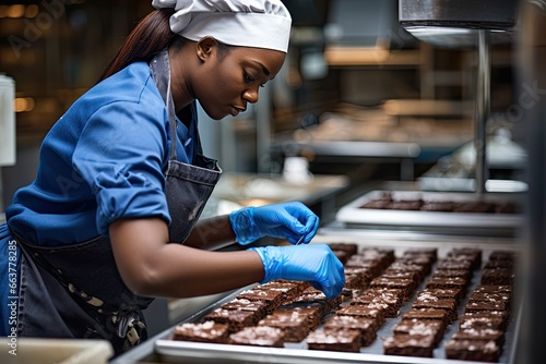 Confident female chef in an industrial kitchen prepares fresh cakes, showing off her culinary and entrepreneurial skills.
