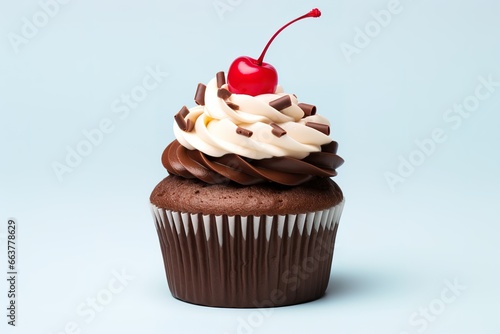 close-up photo of a chocolate cupcake with cherry topping on top on light background. generative ai,