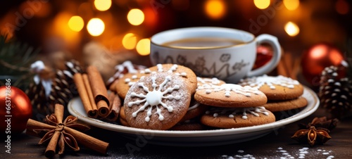 Tasty Christmas gingerbread cookies to celebrate the season. Merry Christmas composition with coffee and a hint of cinnamon. Horizontal banking background for web. Photo AI Generated