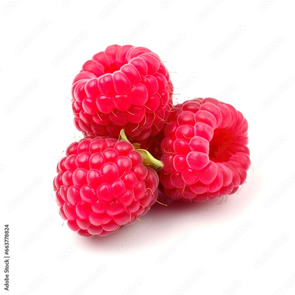 close-up photo of red raspberries on white background. Generative AI close-up photo of red raspberries on white background. Generative AI
