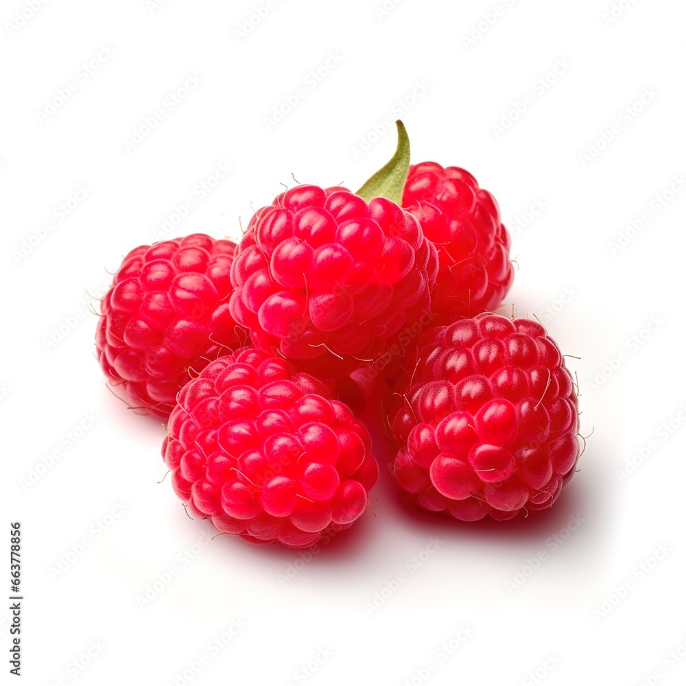 close-up photo of red raspberries on white background. Generative AI close-up photo of red raspberries on white background. Generative AI