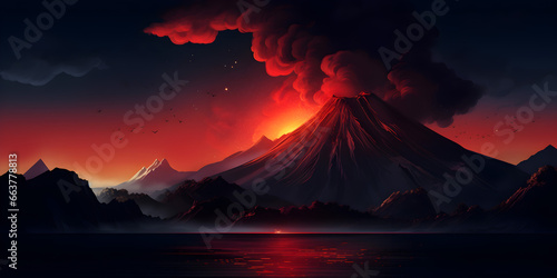 Volcano illustration background at sunset