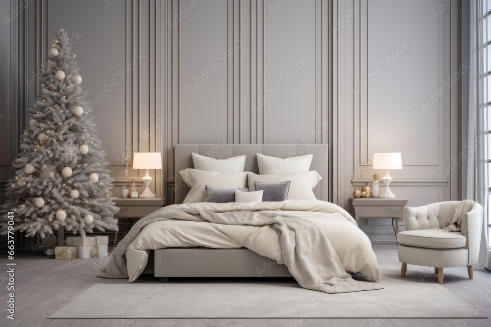 Modern bright gray bedroom with Christmas tree . Mock up at the wall. Copy space. Luxury hotel for romantic winter weekend. - obrazy, fototapety, plakaty 