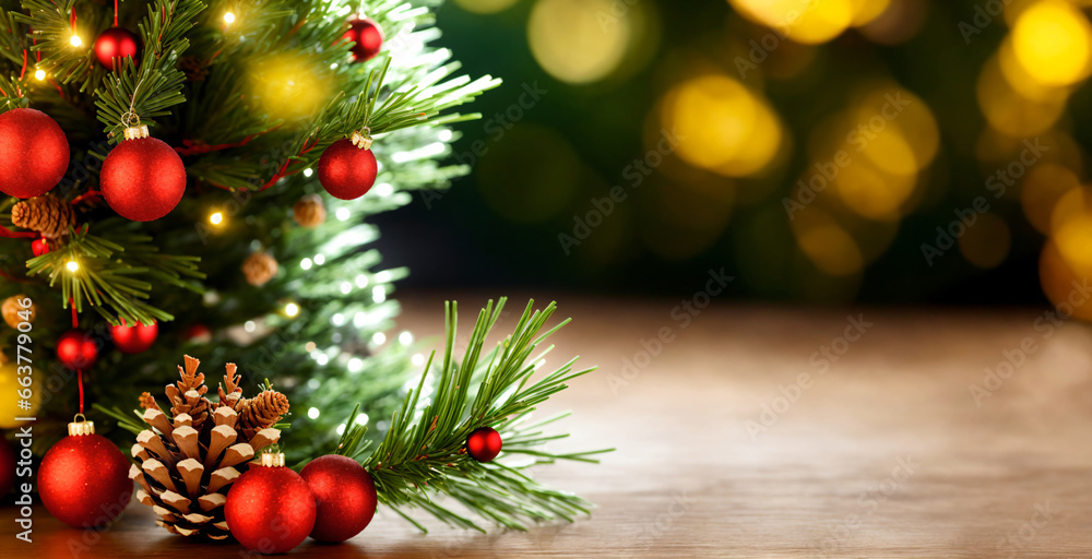 Christmas and New Year background, pine cones, balls, and branches on the background of bokeh