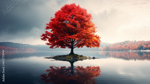 One tree with red leaves by a lake © Megan