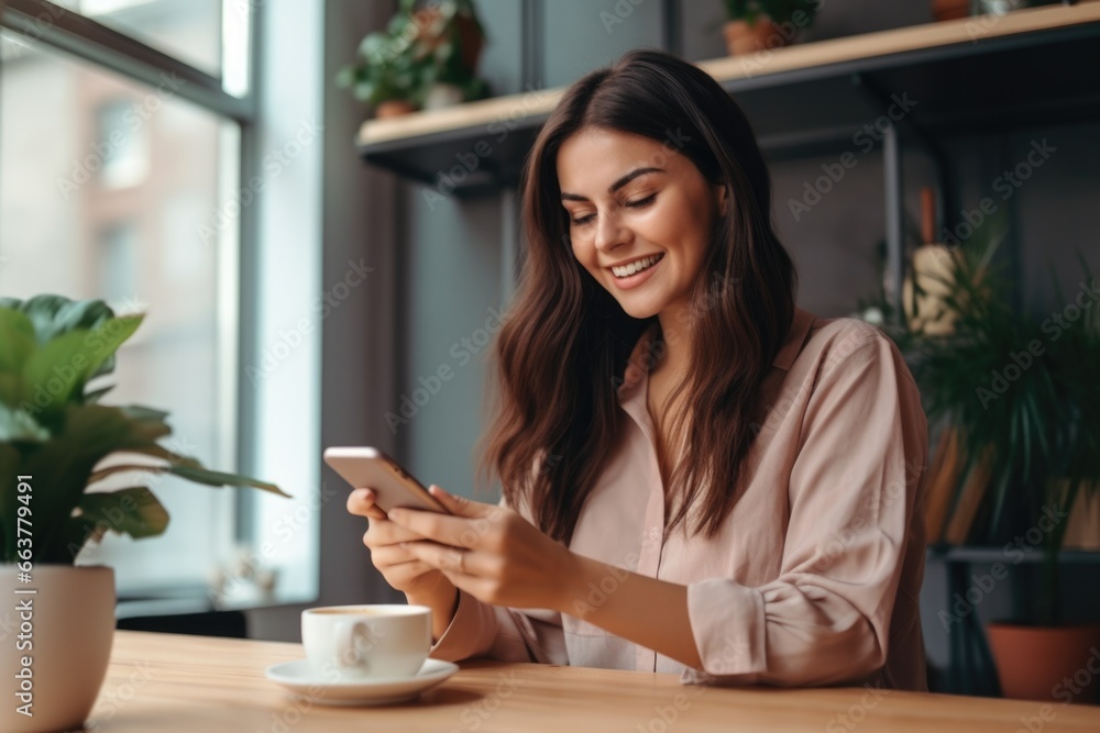 The girl looks at her smartphone and smiles. The girl looks at her smartphone and smiles.