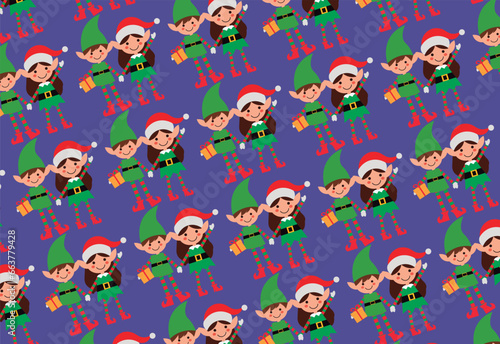 Enchanting image of two in-love Santa s elves on a purple backdrop. One elf holds a gift while the other waves goodbye. Perfect for backgrounds  fabrics  gift wrapping  and creative design projects