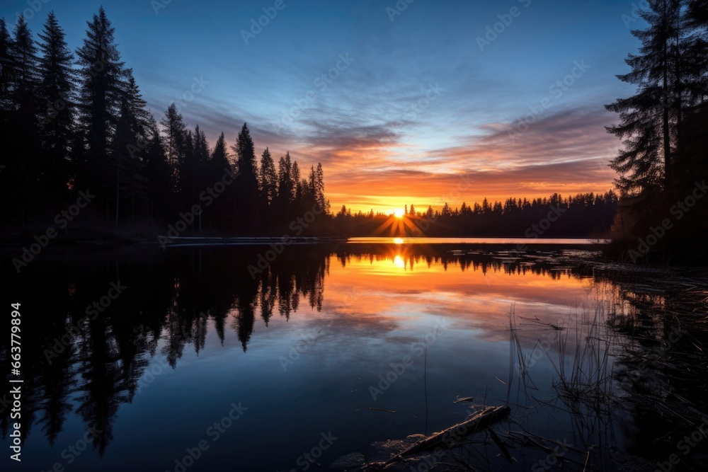 a sunrise view from the edge of a serene lake