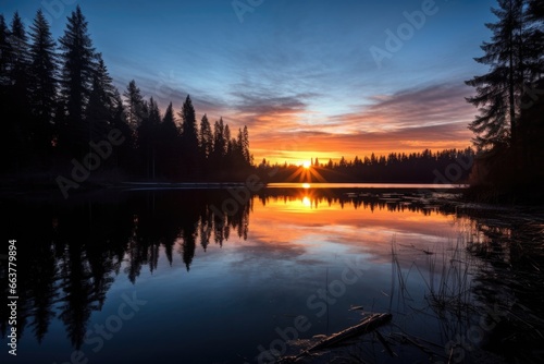 a sunrise view from the edge of a serene lake