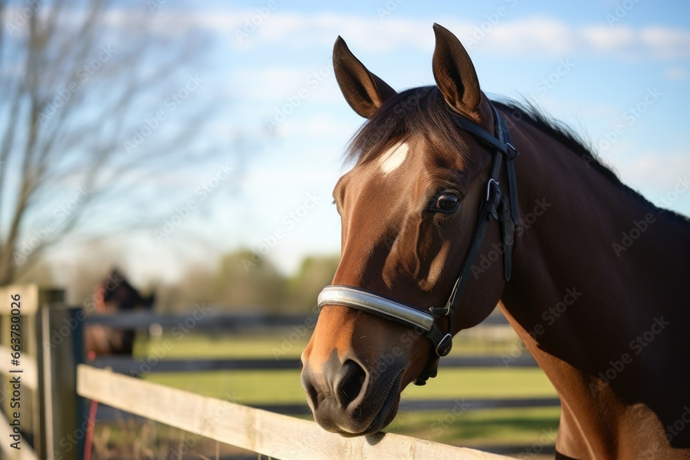 Fototapeta premium riding helmet on a fence with horses in the background