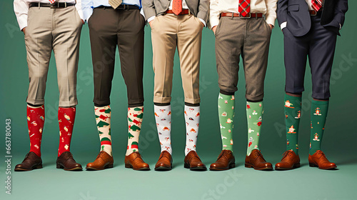 Businessmen in suits having long funny socks with Christmas pattern, closeup of legs, green background. Christmas at work.
