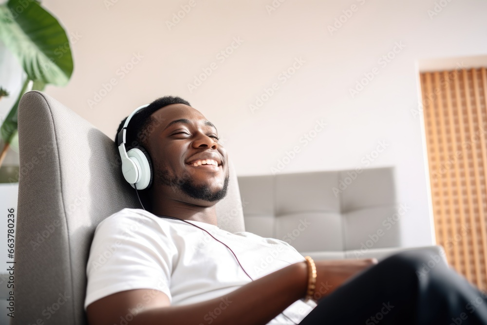 Young man enjoying his music with headphones. Fictional characters created by Generated AI. Young man enjoying his music with headphones. Fictional characters created by Generated AI.