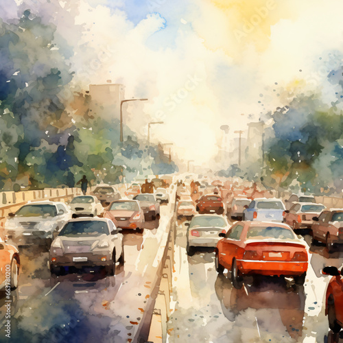 Traffic jam in style of aquarelle