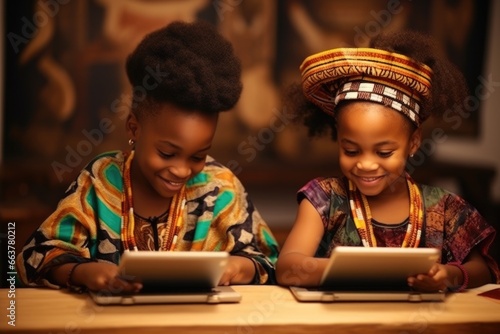 Two adorable children using tablet computers in a classroom. Fictional characters created by Generated AI. photo