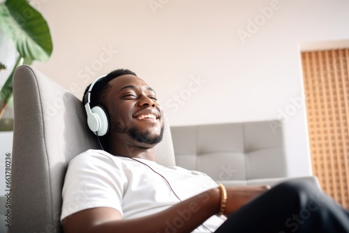 Young man enjoying his music with headphones. Fictional characters created by Generated AI.