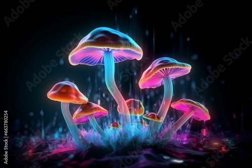 Colorful mushrooms on black background with neon glow effect. Mushrooms different colors and sizes. Generative AI