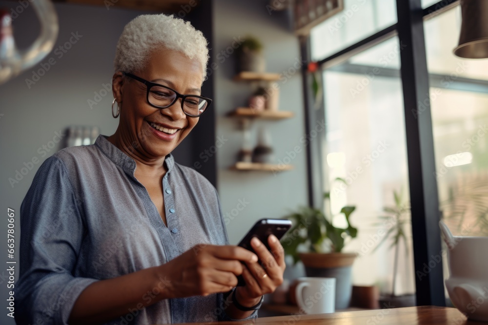 A happy older woman using her smartphone in a cozy setting. Fictional characters created by Generated AI. A happy older woman using her smartphone in a cozy setting. Fictional characters created by Generated AI.