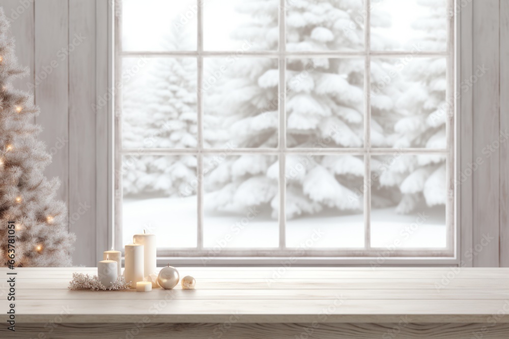 Empty white wooden table top, candles and snowy Christmas tree . Xmas holiday background with winter landscape in window. Empty white wooden table top, candles and snowy Christmas tree . Xmas holiday background with winter landscape in window.