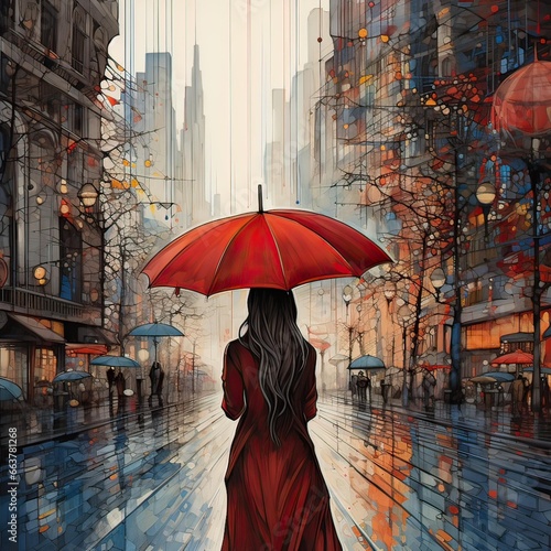 Line drawing of a woman on a rainy day, carrying a red umbrella. She walks down a modern city street. The wet street reflects buildings and surroundings.