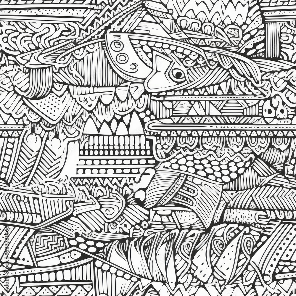 Fish underwater zentangle doodle repeat pattern ornament coloring pages black and white