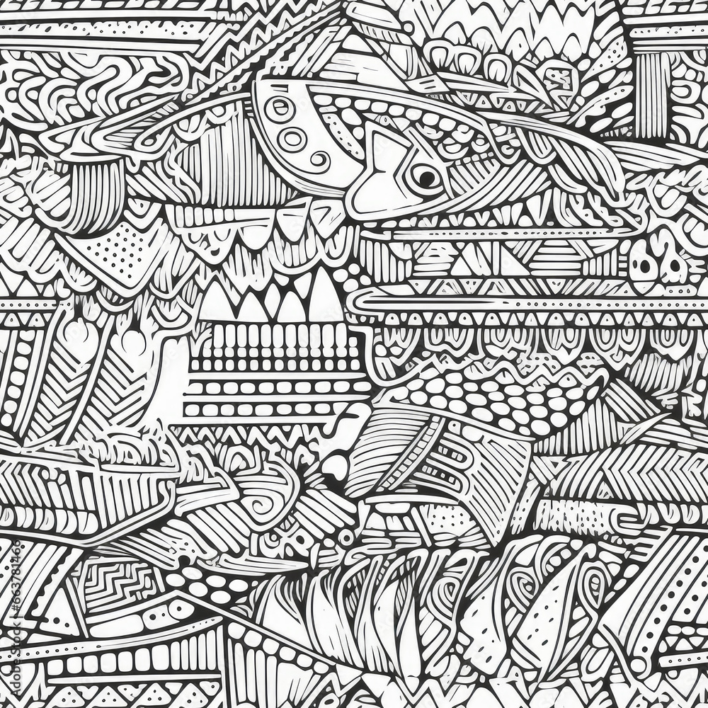 Naklejka premium Fish underwater zentangle doodle repeat pattern ornament coloring pages black and white