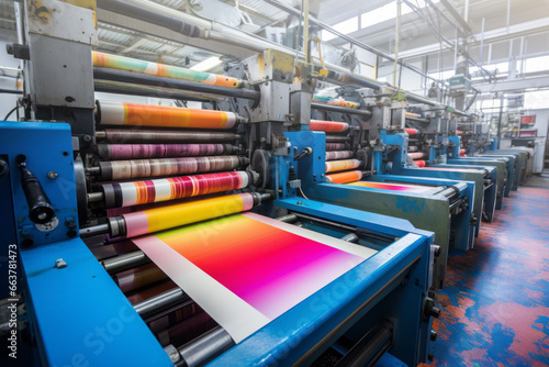 Maquinaria de imprenta trabajando en nave industrial. photo