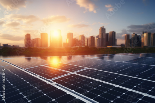 Placas solares, paneles fotovoltaicos recibiendo luz del sol. Energía renovable solar fotovoltaica. Instalación de paneles solares en las afueras.