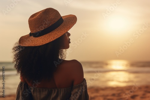 Beautiful woman in a straw hat enjoying the beach at sunset. Fictional characters created by Generated AI.