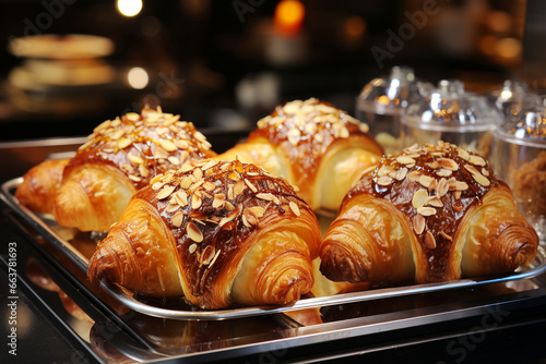 Croissants with almonds on a baking tray at a bakery, french breakfast in the morning with pastry