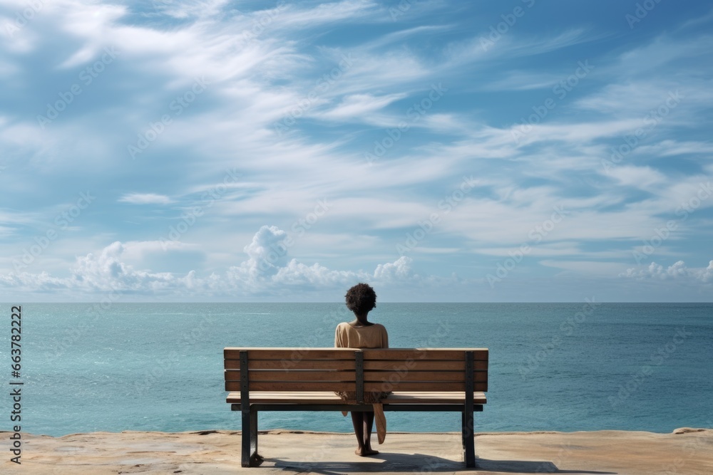 Inspiring Ocean View from a Bench. Fictional characters created by Generated AI.