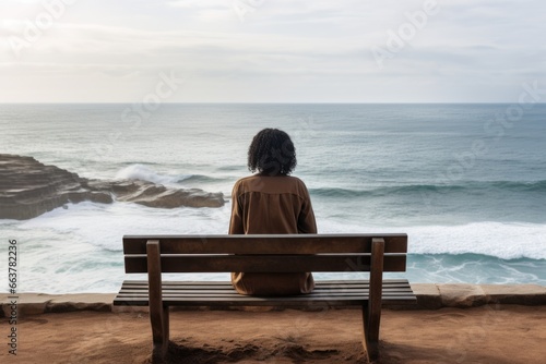 A woman sits alone on a bench overlooking the ocean, reflecting on life.. Fictional characters created by Generated AI.