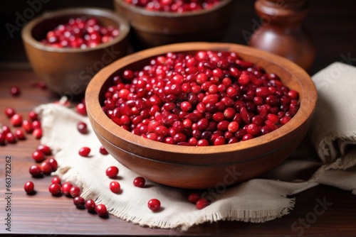 beautifully arranged cranberries in a handmade wooden bowl