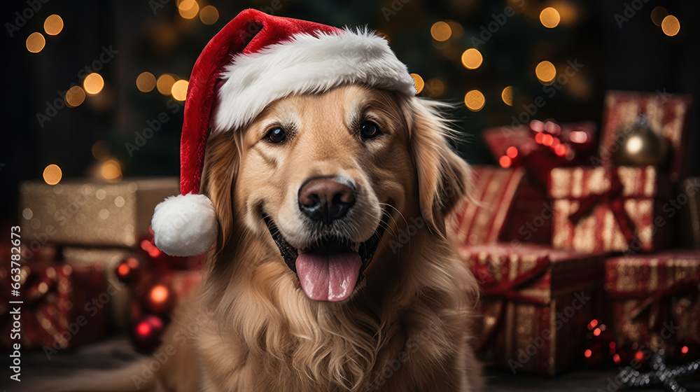 Golden Retriever dog in Santa hat and Christmas gifts on background. Golden Retriever dog in Santa hat and Christmas gifts on background.