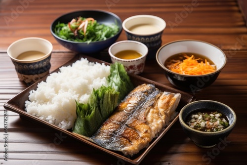 japanese breakfast with grilled fish  rice  and miso soup