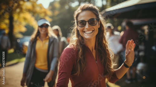 Portrait of smiling young woman in sunglasses walking in park with friends. photo
