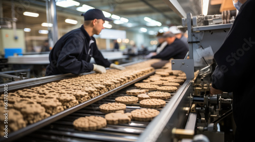 Industrial conveyor belt with freshly baked cookies in the factory. Food plant worker baking biscuits.